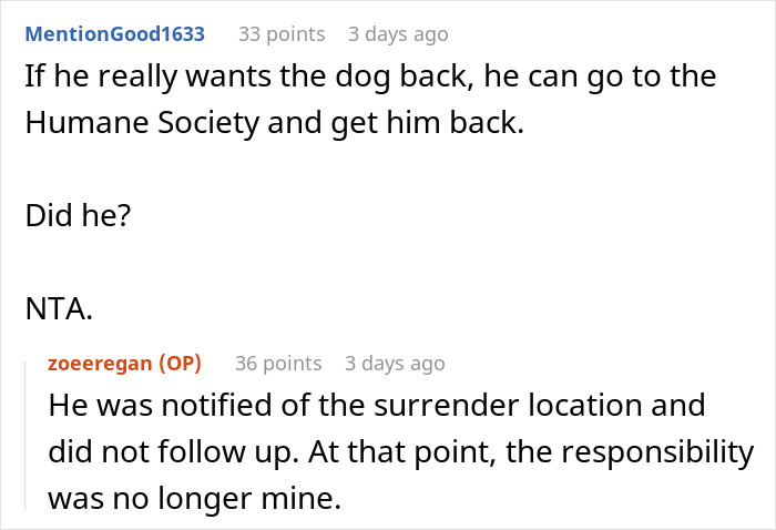 Comments discussing a woman unable to handle ex&rsquo;s dog and the ex&rsquo;s lack of action after being notified.