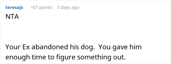 Reddit comment discussing a woman unable to handle her ex&rsquo;s dog and threatening to take it to a shelter.