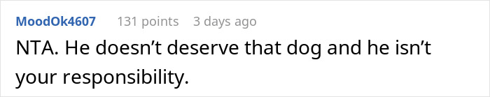 Screenshot of a Reddit comment where a user states the man doesn&rsquo;t deserve the dog and it&rsquo;s not the woman&rsquo;s responsibility.