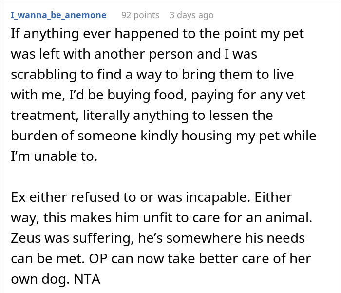 Woman struggles to care for ex&rsquo;s dog, threatens shelter, while ex fails to take responsibility or action.