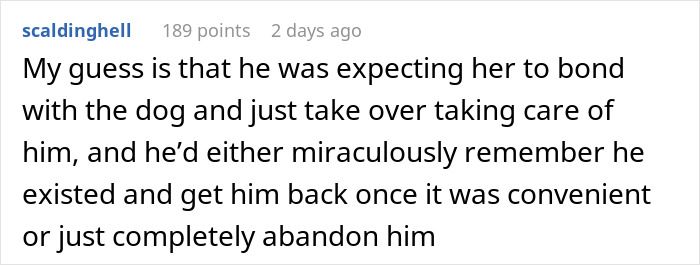 Comment about a woman unable to handle ex&rsquo;s dog, threatening shelter, and his lack of response.