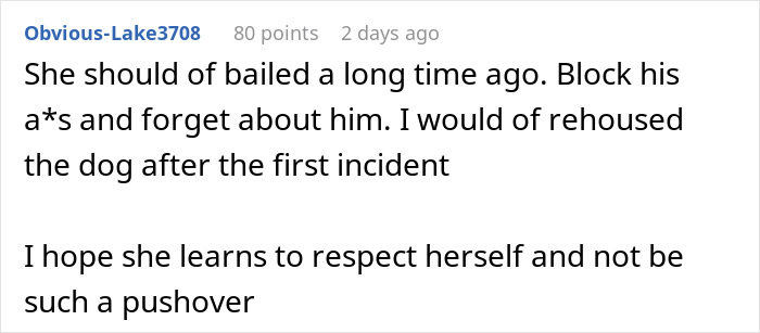 Screenshot of a Reddit comment urging to rehouse the dog after conflict with woman who can't handle ex&rsquo;s dog.