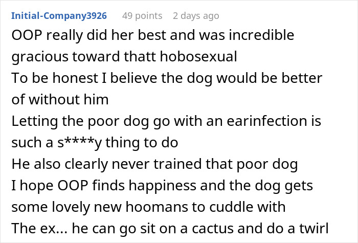Screenshot of a Reddit comment discussing a woman struggling with her ex&rsquo;s dog and concerns about the dog&rsquo;s well-being.
