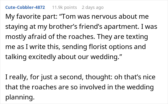 Text message conversation about wedding planning, humorously mentioning roaches involved, relating to woman discovers engagement shock. Text message conversation about wedding planning, humorously mentioning roaches involved, relating to woman discovers engagement shock.