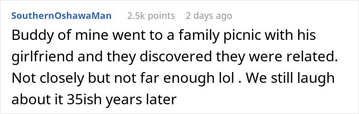 Screenshot of a Reddit comment about a family picnic where a couple discovered they were related, highlighting family engagement shock.