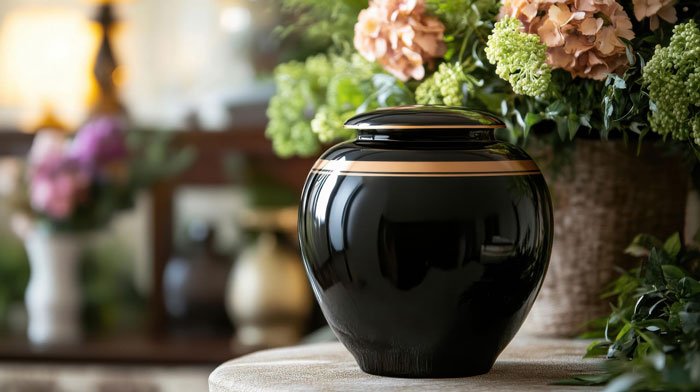 Black urn holding late boyfriend's ashes placed on table with flowers in softly lit home setting.