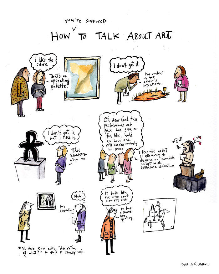 Comic by Dana Jeri Maier humorously showing different ways people talk about modern art in everyday life.