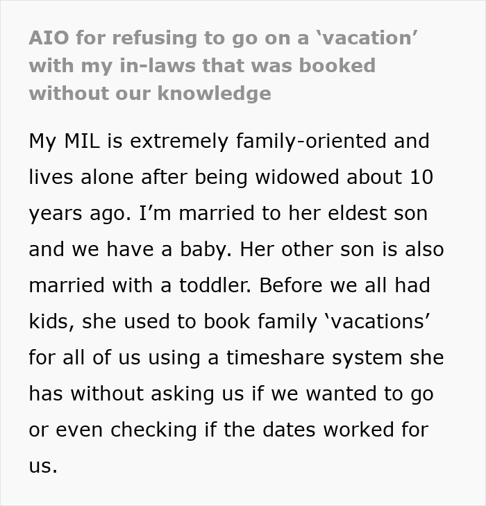 Text excerpt describing a daughter-in-law sick of overbearing MIL who makes family plans without her knowledge and sets boundaries. Text excerpt describing a daughter-in-law sick of overbearing MIL who makes family plans without her knowledge and sets boundaries.