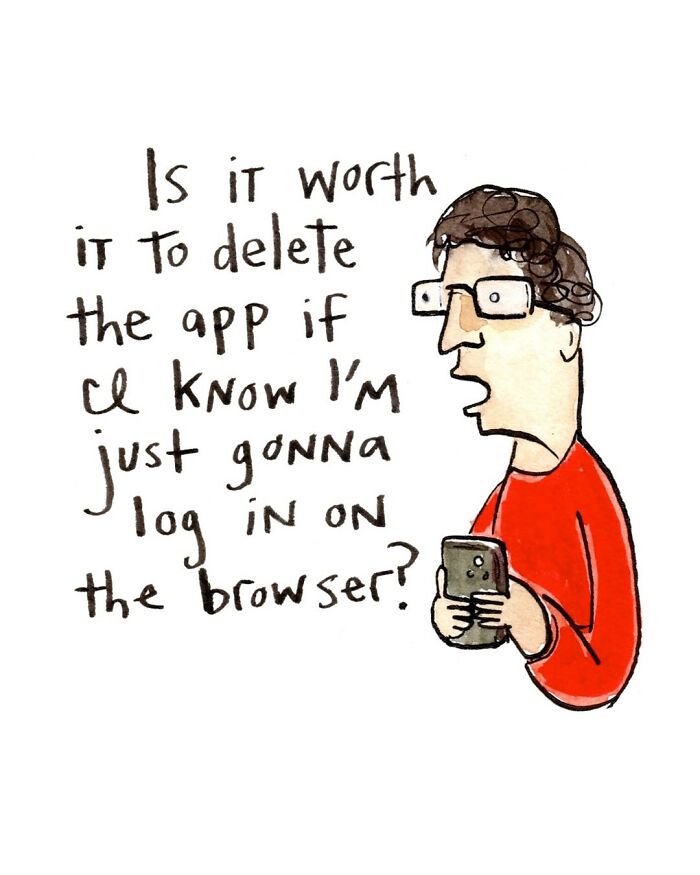 Comic illustration by Dana Jeri Maier showing a woman humorously trying to fit into a skirt, highlighting modern life humor.