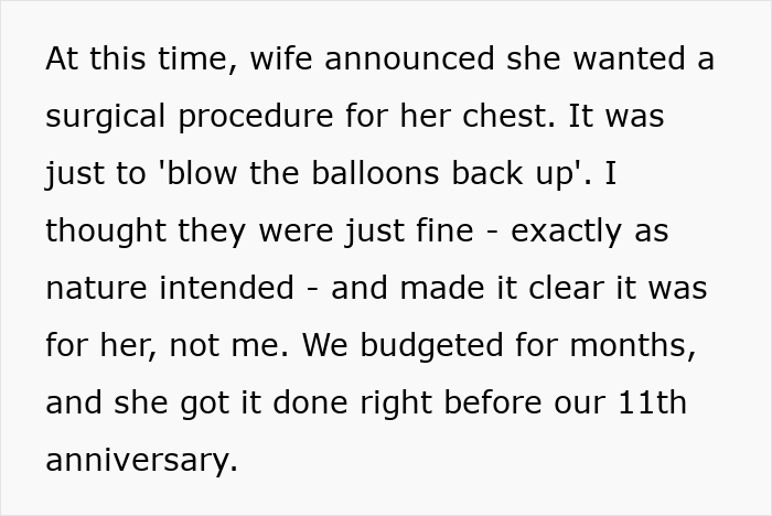 Text describing a wife’s cosmetic upgrade with breast surgery causing husband to spiral amid infidelity concerns.