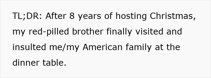 Text on screen describing family drama after a woman&rsquo;s chauvinist brother insults her and her mom gaslights her instead.