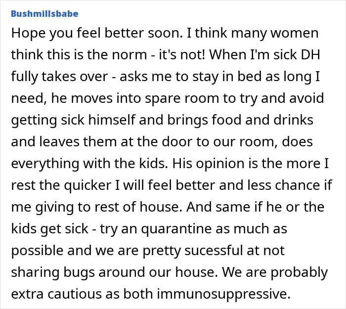 Alt text: A forum comment discussing experiences with an insufferable husband who becomes difficult when he’s sick. Alt text: A forum comment discussing experiences with an insufferable husband who becomes difficult when he’s sick.