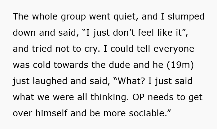 Text excerpt showing a guy mocking a teen for not liking superhero topics before learning the reason is grief-related.