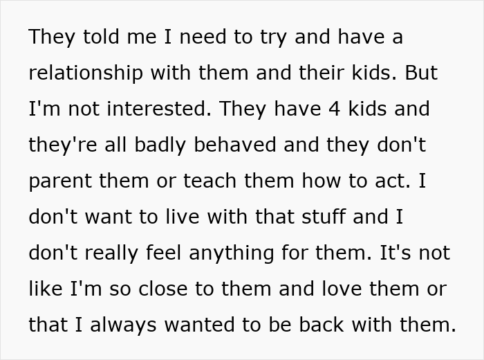 Alt text: Teen refuses to live with bio parents who abandoned him, expressing no interest in building a relationship with their family.
