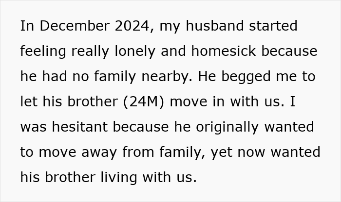 Text describing husband feeling lonely and wife hesitant about relatives living together, highlighting family conflict and housing issues.
