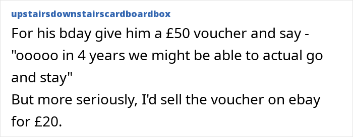 Text post showing someone suggesting giving a &pound;50 voucher as a birthday gift, highlighting ungratefulness and abhorrent gifts.