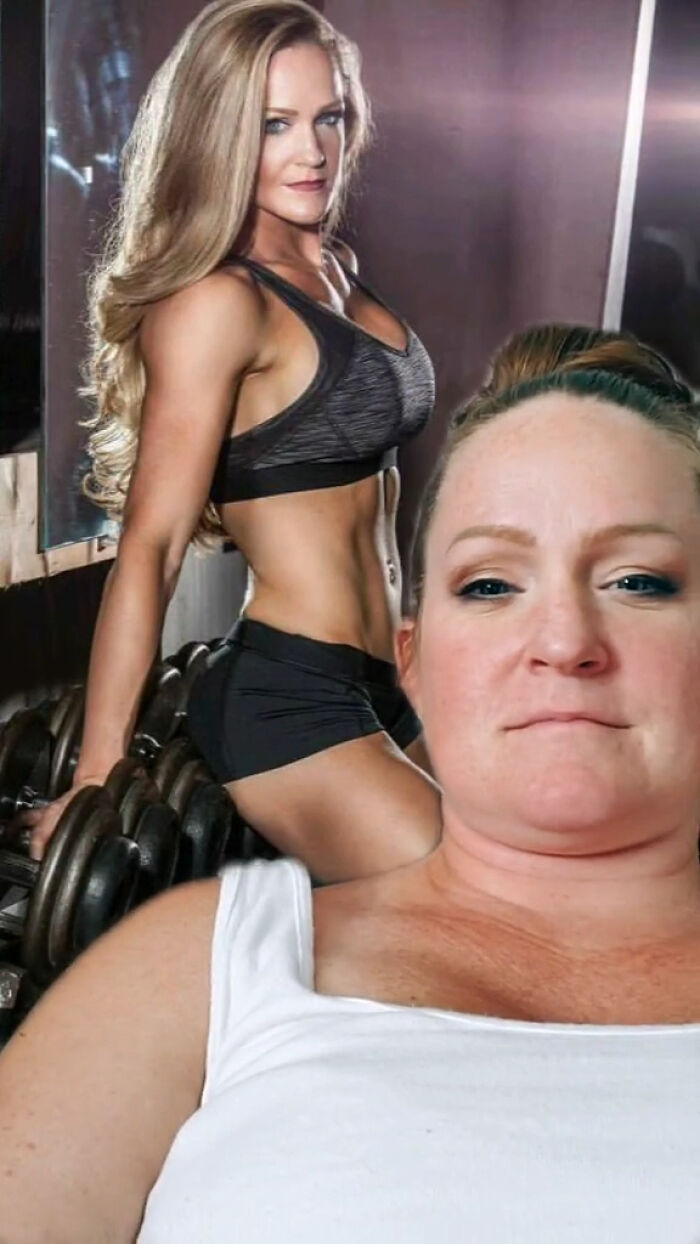 Two women in a gym showing a vulnerable moment about how they’ve glowed down since they peaked with weightlifting equipment.