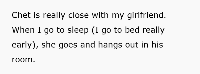 Text on image describing a guy suspecting his girlfriend is cheating with his roommate, noting her late-night visits to his room.