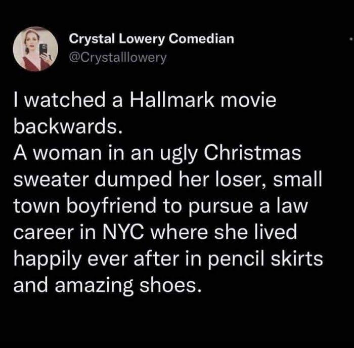Comedian Crystal Lowery’s feminist post humorously reverses a Hallmark movie plot challenging traditional gender roles.