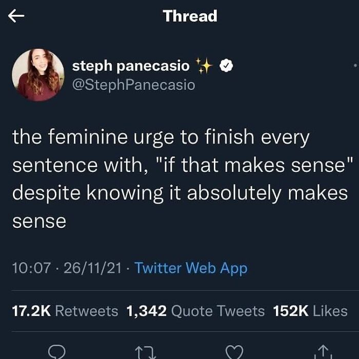 Twitter post by Steph Panecasio discussing a feminist perspective highlighting language and patriarchy critique.