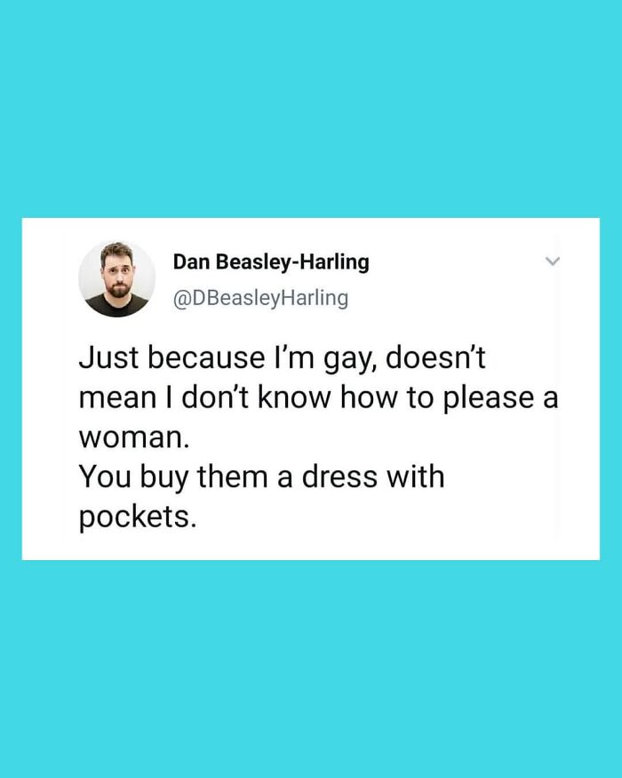 Tweet by Dan Beasley-Harling humorously addressing women’s dress pockets with feminist posts calling out the patriarchy.
