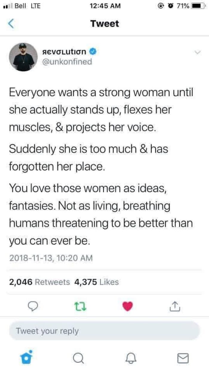 Tweet about strong women standing up and calling out the patriarchy, highlighting feminist posts with fierce messages.