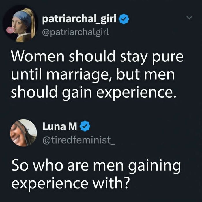 Screenshot of a feminist social media post calling out patriarchy by questioning gender double standards in experience.