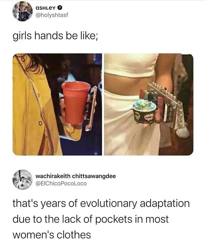 Photo showing two women holding multiple items in their hands due to lack of pockets, highlighting feminist posts on patriarchy.