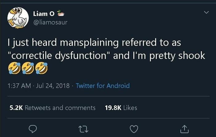 Tweet about mansplaining humor, highlighting feminist posts calling out the patriarchy with zero mercy.