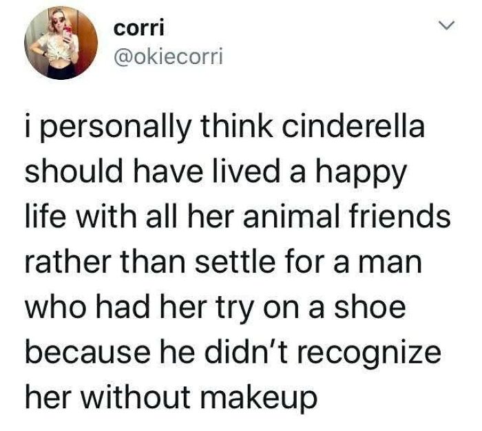 Screenshot of a feminist post calling out patriarchy, stating Cinderella should have lived happily with her animal friends instead.