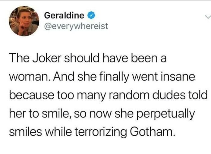 Tweet discussing feminist views on the Joker character, highlighting calls out the patriarchy with sharp commentary.