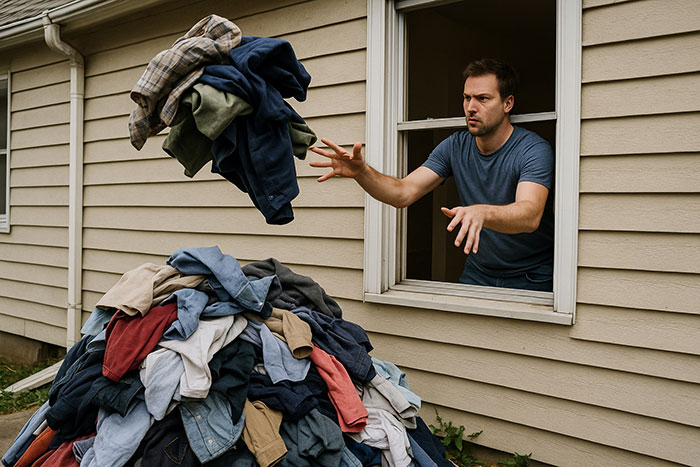 Adult man breaks off engagement, tossing clothes out a window onto a pile beside the house, looking upset Adult man breaks off engagement, tossing clothes out a window onto a pile beside the house, looking upset