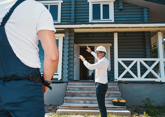 Home inspector in a white helmet explaining potential homeownership nightmares during a house inspection outside a blue wooden house.