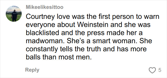 Screenshot of a social media comment discussing Courtney Love and referencing evidence about Kurt Cobain’s passing not being self-inflicted. Screenshot of a social media comment discussing Courtney Love and referencing evidence about Kurt Cobain’s passing not being self-inflicted.