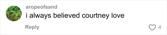 Comment reading i always believed courtney love, posted by user aropeofsand with a green leafy profile picture. Comment reading i always believed courtney love, posted by user aropeofsand with a green leafy profile picture.
