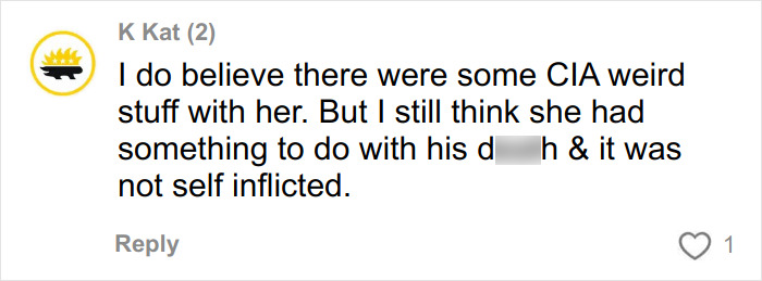 Comment discussing theory about Kurt Cobain's death not being self-inflicted, mentioning CIA and suspicious circumstances. Comment discussing theory about Kurt Cobain's death not being self-inflicted, mentioning CIA and suspicious circumstances.