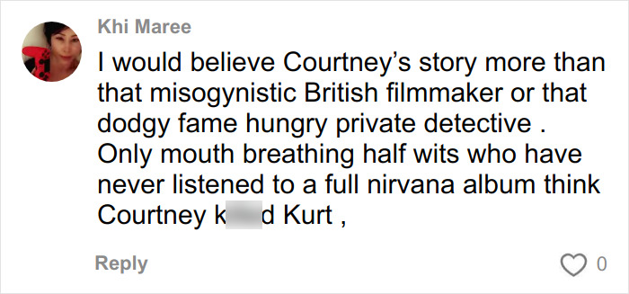 Social media comment expressing skepticism about official stories and defending Kurt Cobain&rsquo;s legacy against private detective claims.