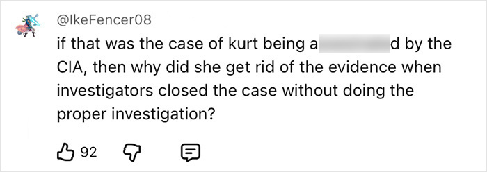 Screenshot of a social media comment questioning the handling of evidence in Kurt Cobain's passing investigation by forensics experts. Screenshot of a social media comment questioning the handling of evidence in Kurt Cobain's passing investigation by forensics experts.