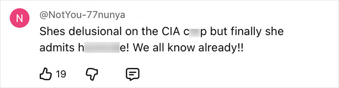 Social media comment by user NotYou-77nunya discussing delusional views on CIA conspiracy theories. Social media comment by user NotYou-77nunya discussing delusional views on CIA conspiracy theories.