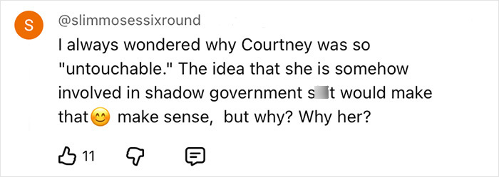 Screenshot of a user comment questioning Courtney's untouchable status and possible shadow government involvement.