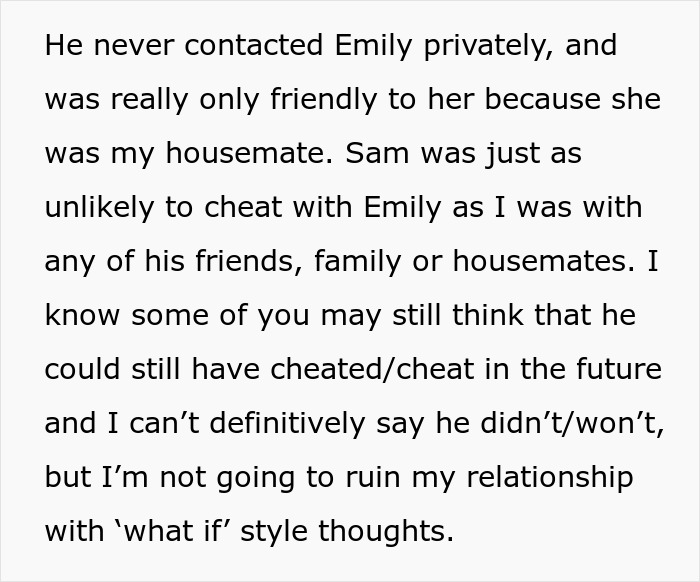 Text discussing doubts about cheating, addressing the possibility of fabricated evidence and trust issues in relationships.