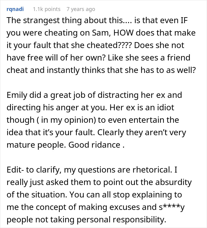 Comment discussing a woman fabricating cheating evidence to convince friend to dump boyfriend, and the plan backfiring.