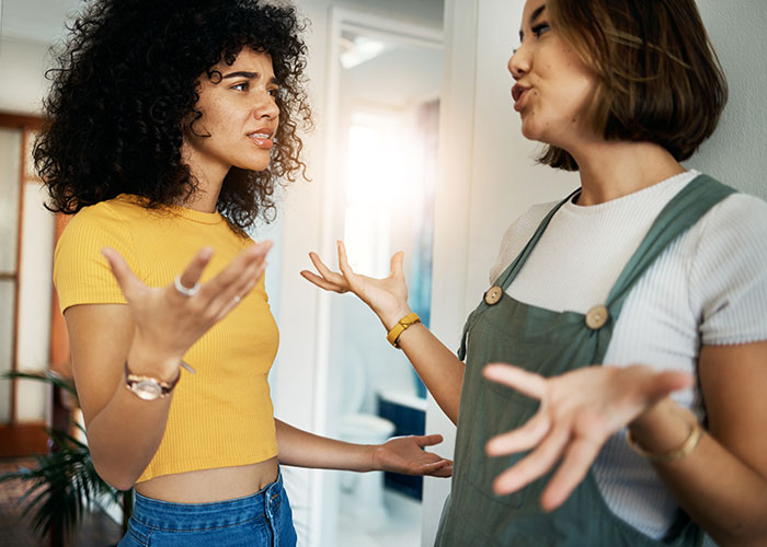 Two women in a heated discussion indoors, illustrating tension around fabricating cheating evidence and friendship conflict.