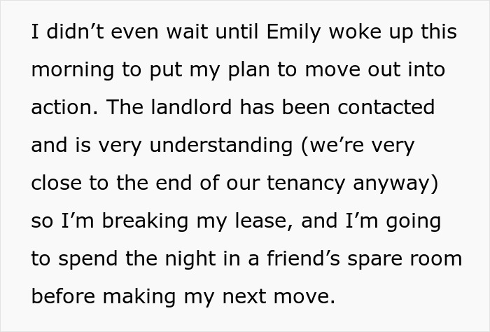 Text excerpt showing someone explaining their plan to move out, linked to woman fabricates evidence of cheating scenario.