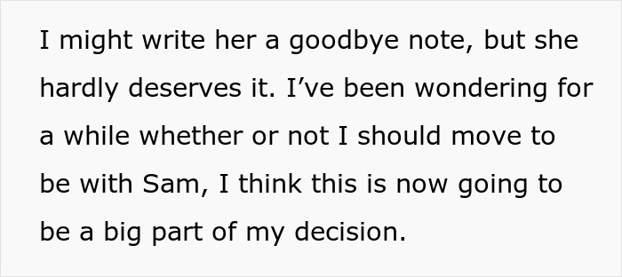 Text excerpt showing a woman considering writing a goodbye note after fabricating evidence of cheating to influence a friend&rsquo;s breakup decision.