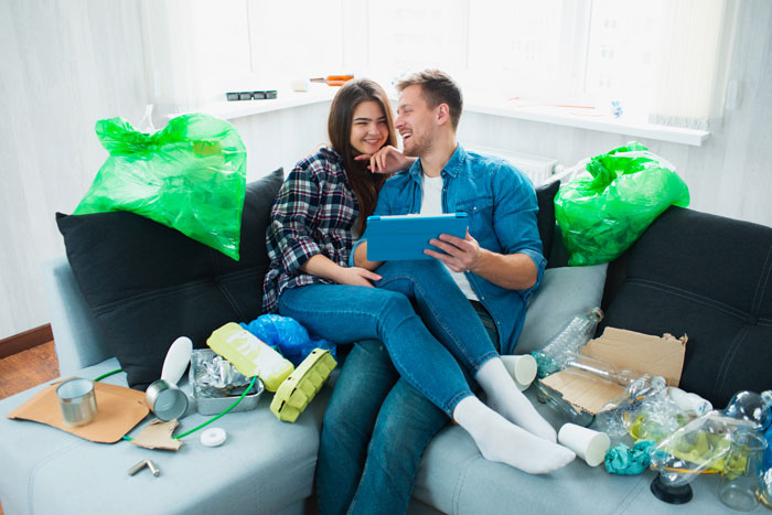 Woman and friend sitting on a couch surrounded by trash bags and garbage, highlighting messy house after surgery recovery.