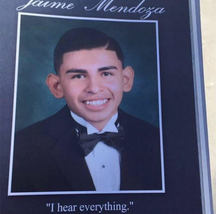 Yearbook portrait of a student in tuxedo with a humorous quote, showcasing wild yearbook quotes and student humor.