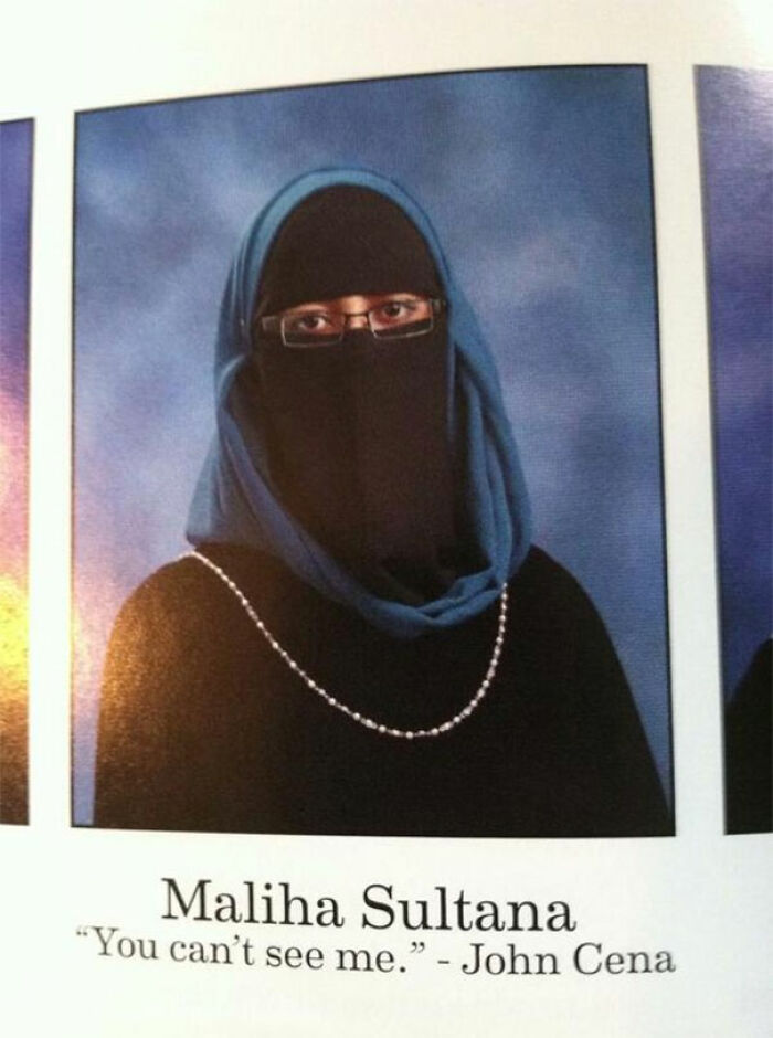 Yearbook portrait of a student wearing a niqab and glasses with a humorous yearbook quote from John Cena.
