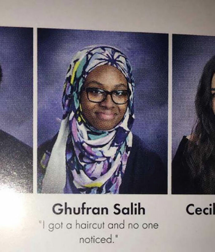 Yearbook quote featuring student humor wearing glasses and a colorful hijab in a school portrait photo.