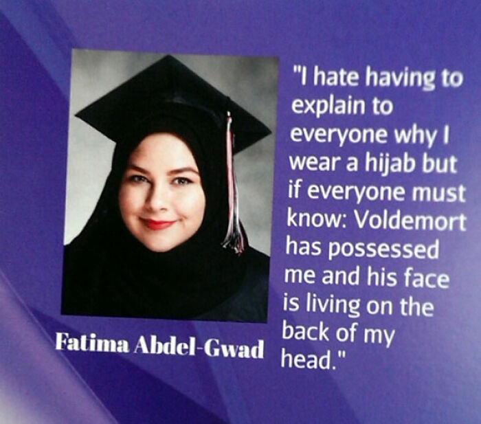 Student in graduation cap with a wild yearbook quote humorously referencing Voldemort and wearing a hijab.